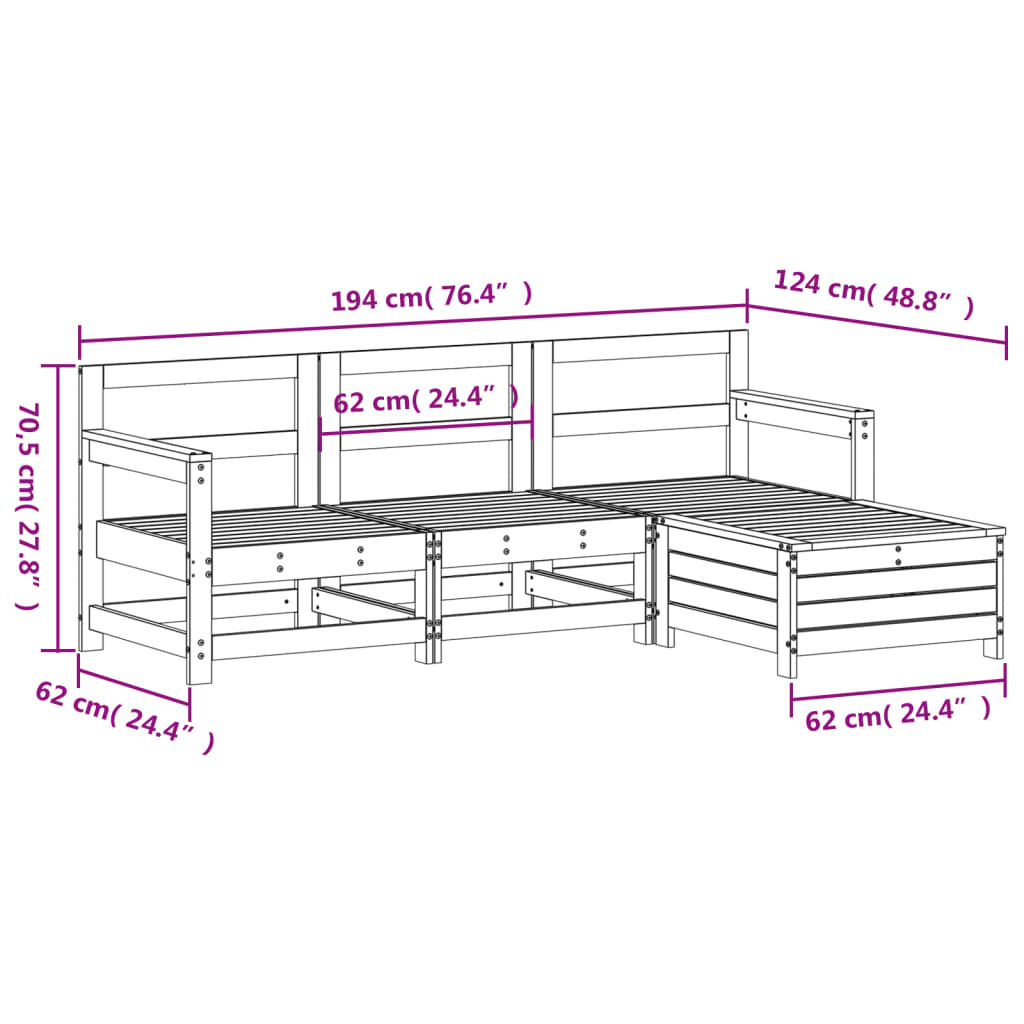 4-delige Loungeset massief grenenhout wit