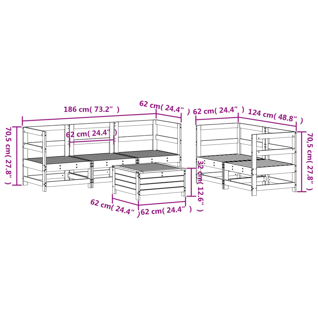 6-delige Loungeset massief grenenhout wit