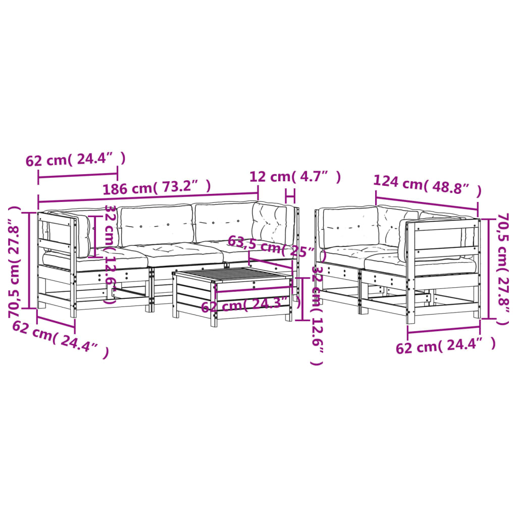 6-Delige Loungeset Met Kussens Massief Grenenhout Wit Wit grenenhout