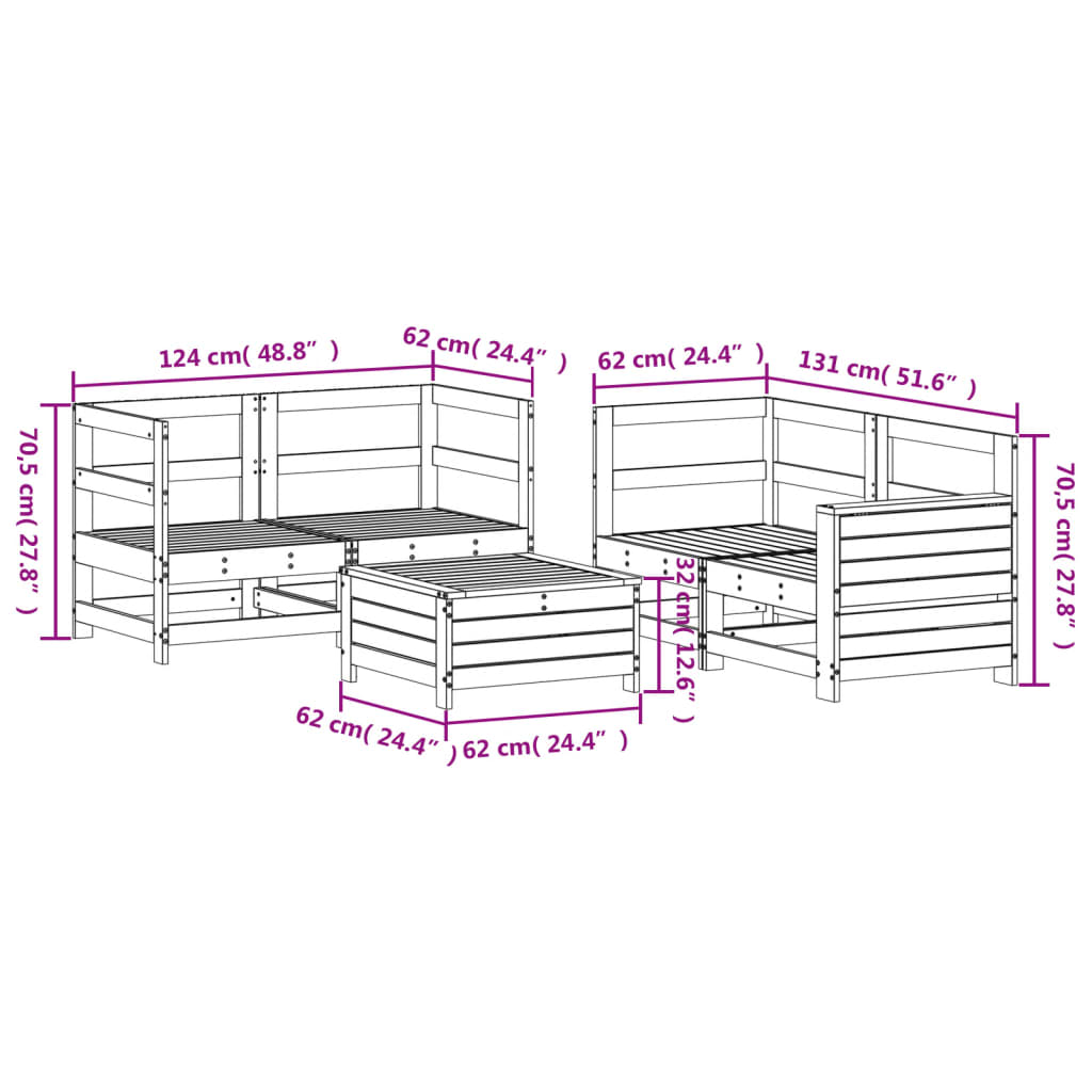 5-delige Loungeset massief grenenhout wit