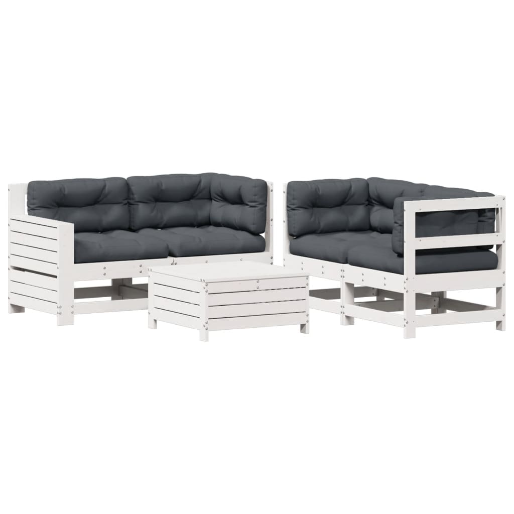 5-Delige Loungeset Met Kussens Massief Grenenhout Wit Wit grenenhout