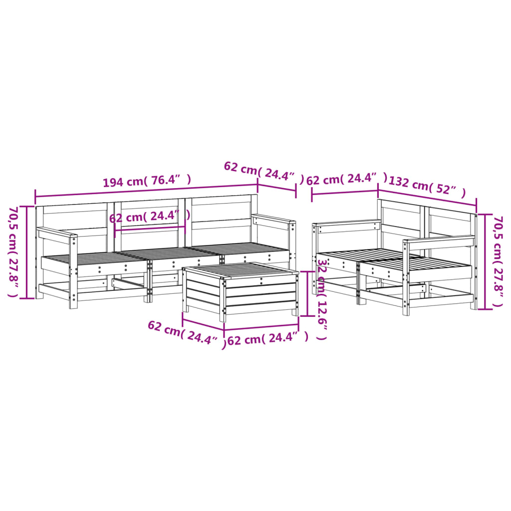 6-delige Loungeset massief grenenhout wit