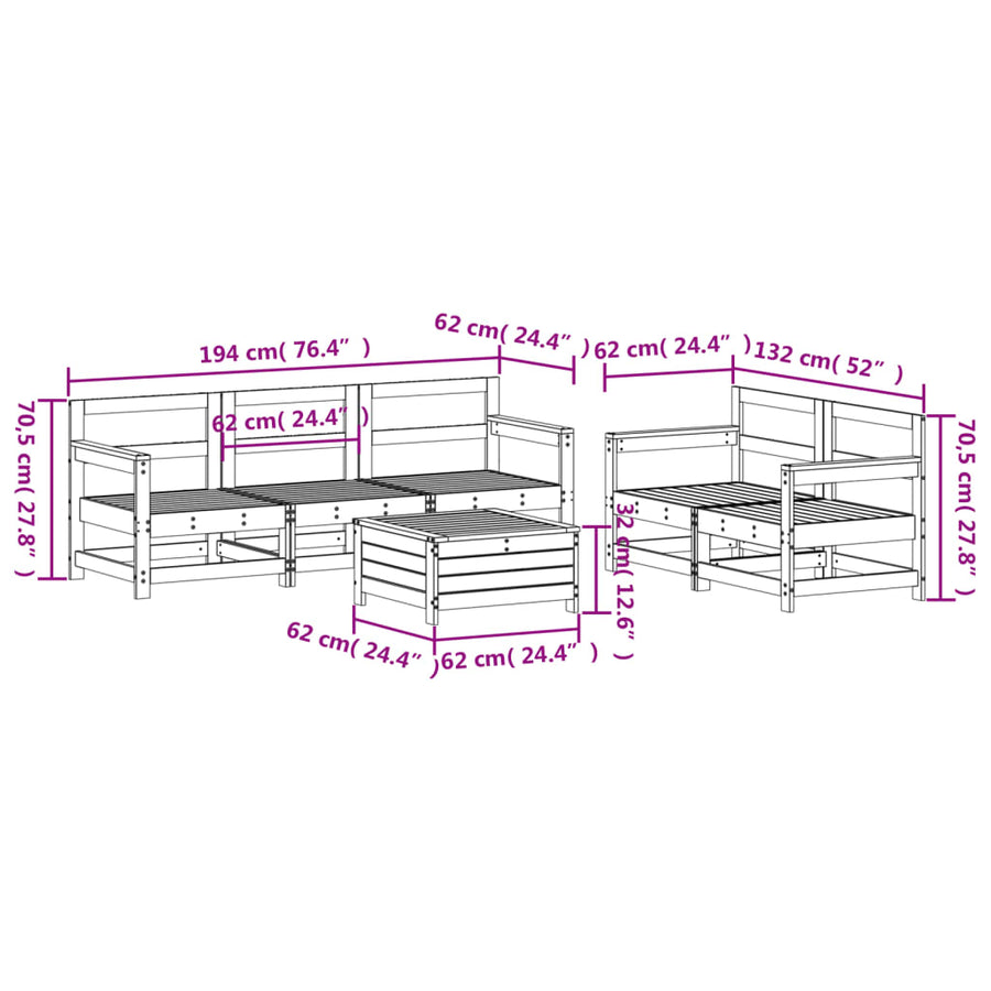 6-delige Loungeset massief grenenhout wit