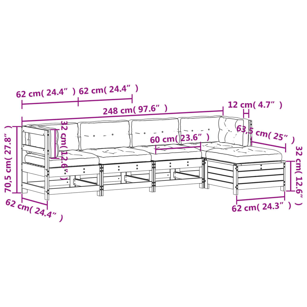 5-Delige Loungeset Met Kussens Massief Grenenhout Wit Wit grenenhout