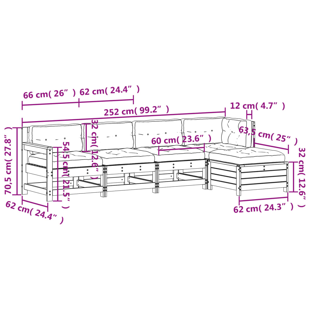 5-Delige Loungeset Met Kussens Massief Grenenhout Wit Wit grenenhout
