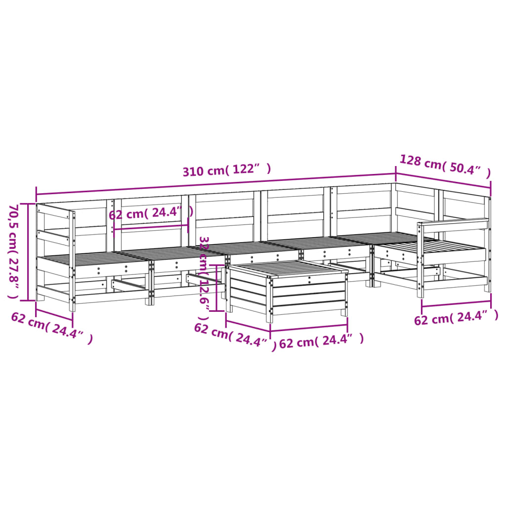 7-delige Loungeset massief grenenhout wit