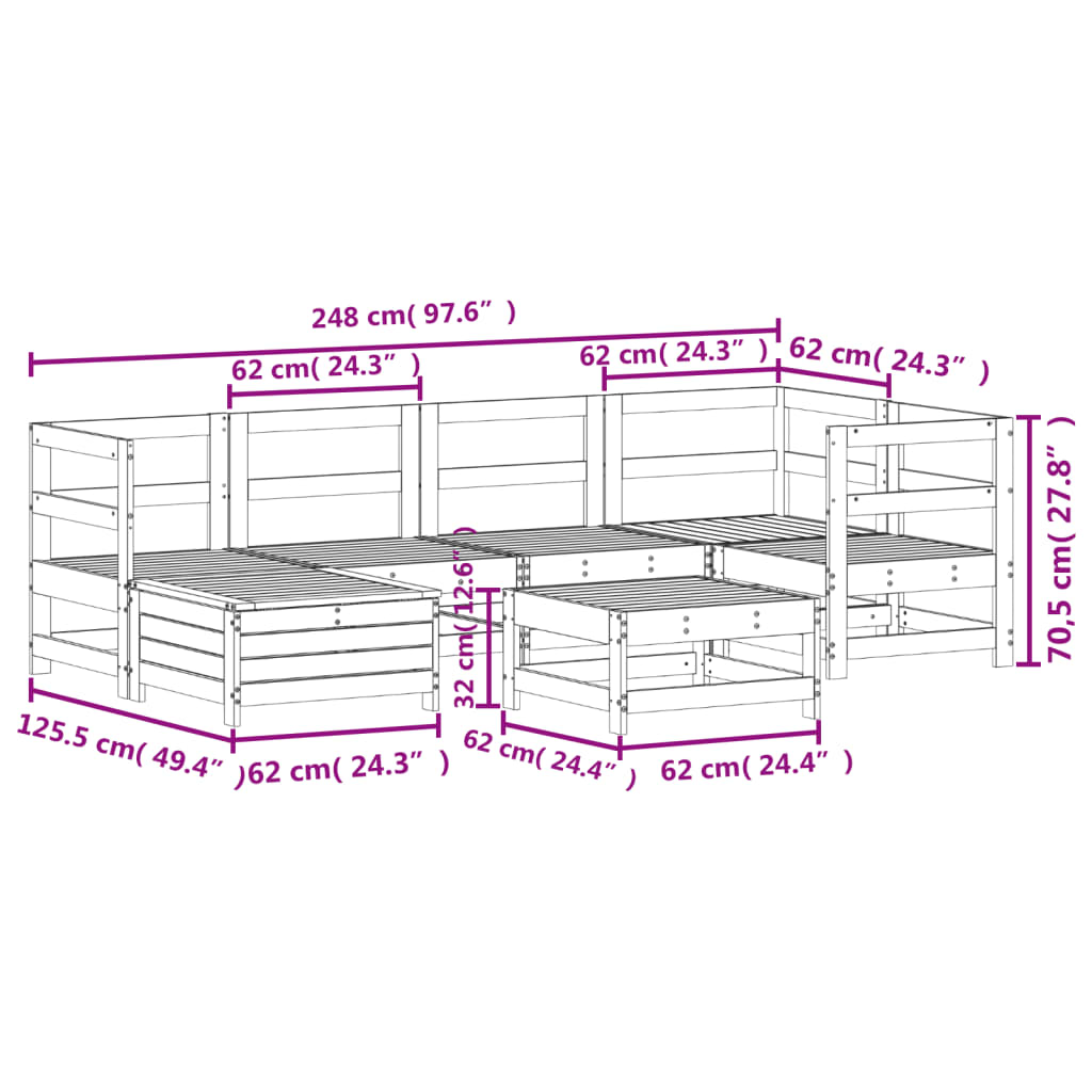 7-delige Loungeset massief grenenhout wit