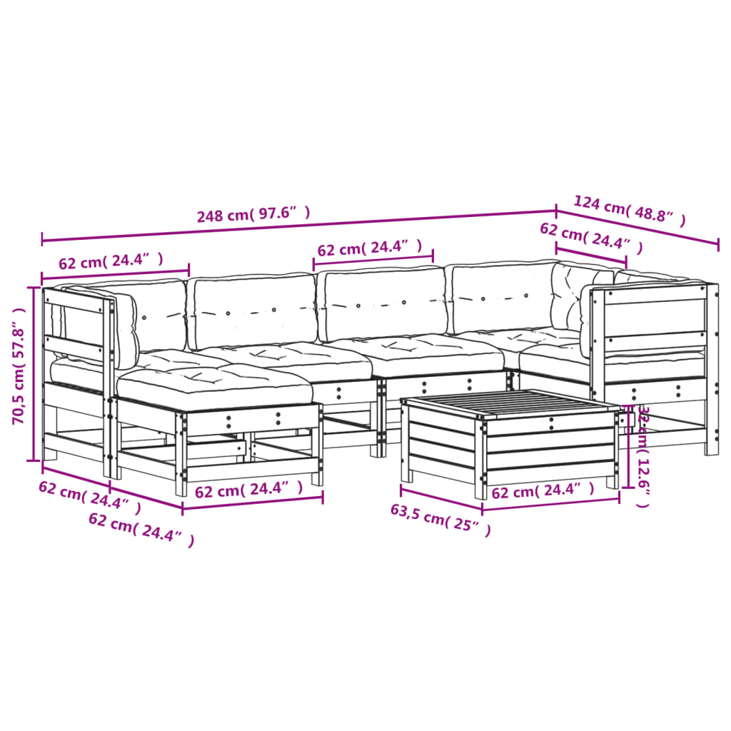 7-delige Loungeset met kussens massief grenenhout