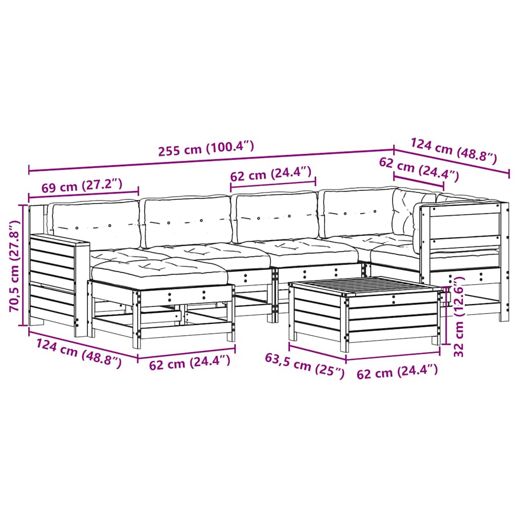 7-Delige Loungeset Met Kussens Massief Grenenhout Wit