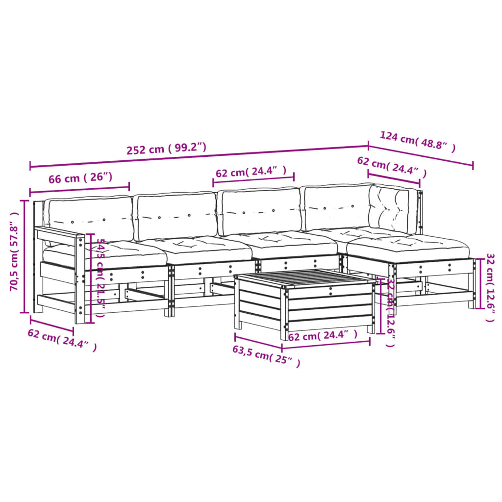 6-Delige Loungeset Met Kussens Massief Grenenhout Wit