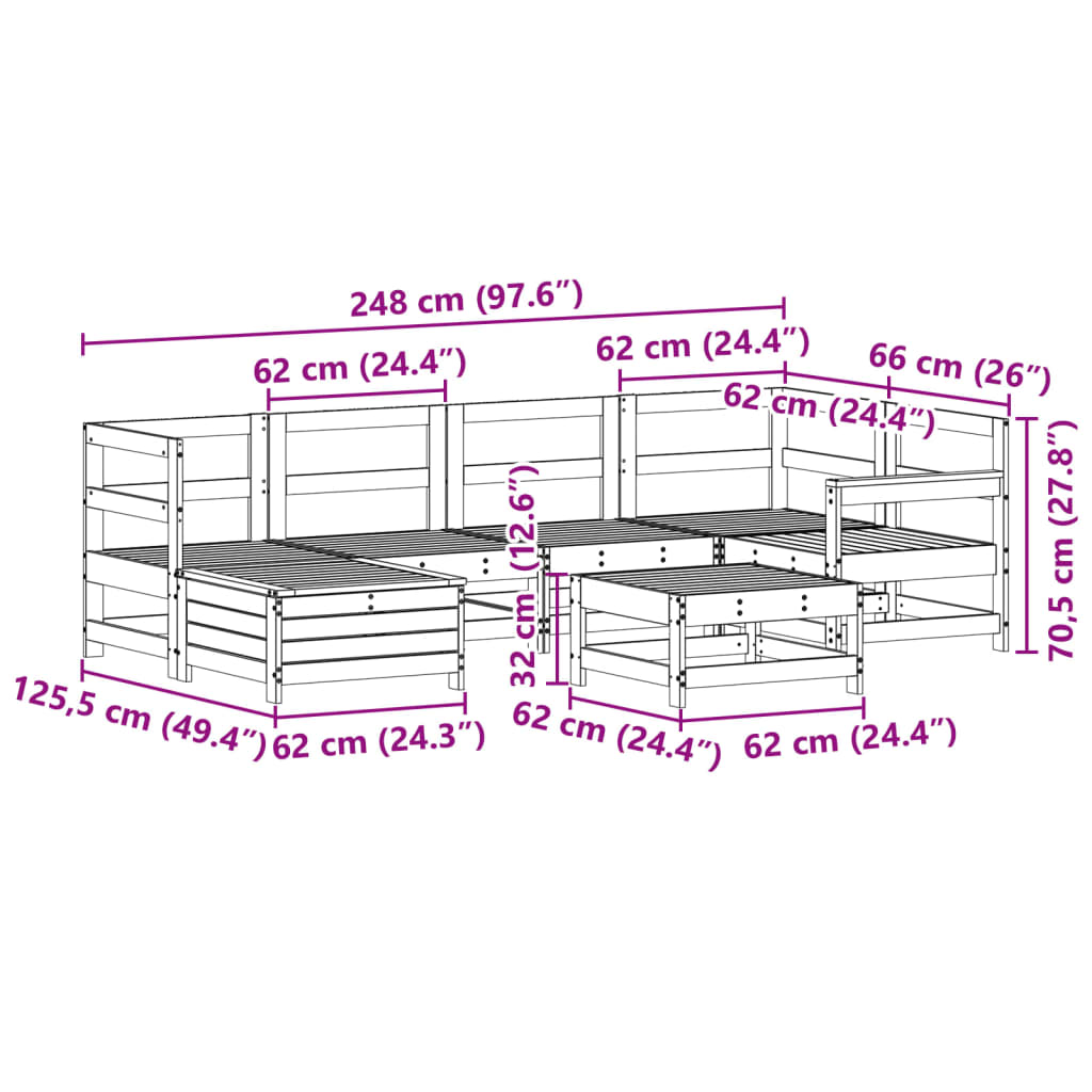 7-delige Loungeset massief grenenhout wit