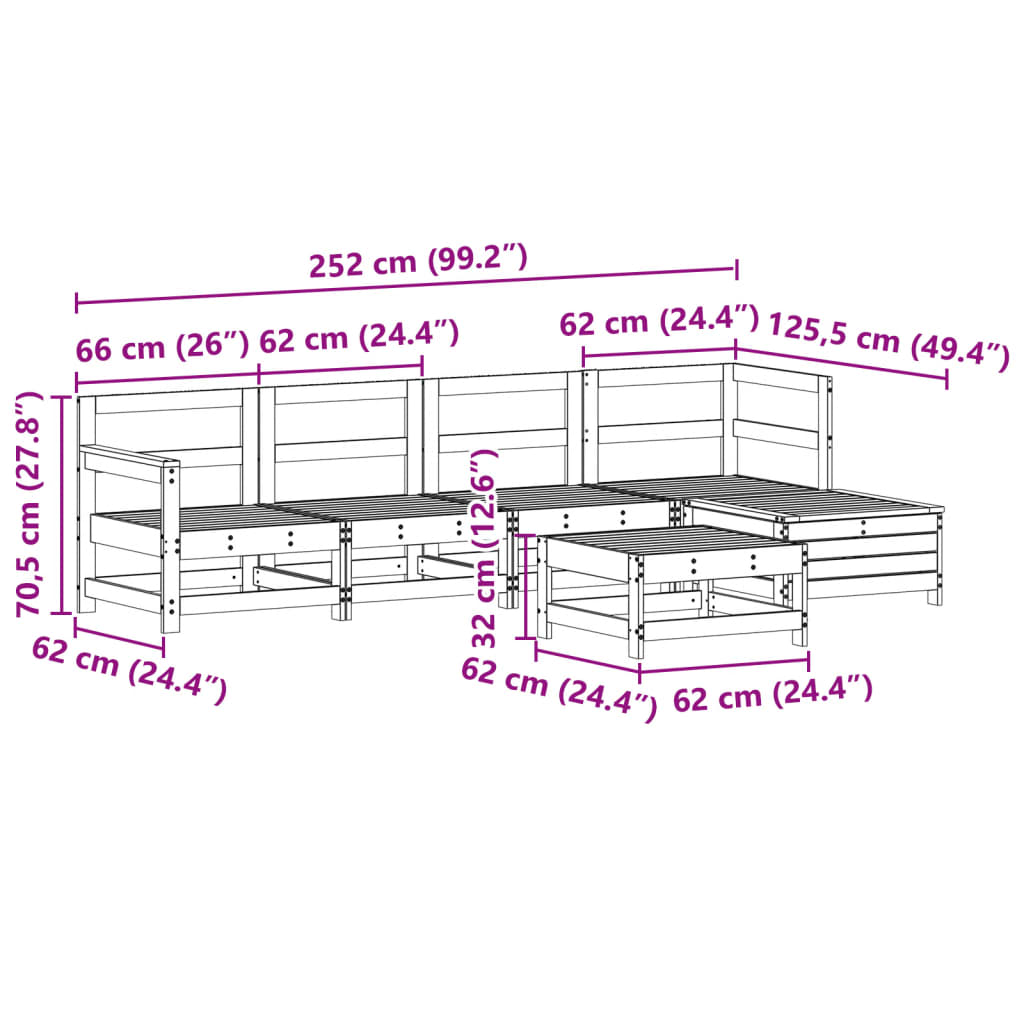6-delige Loungeset massief grenenhout wit