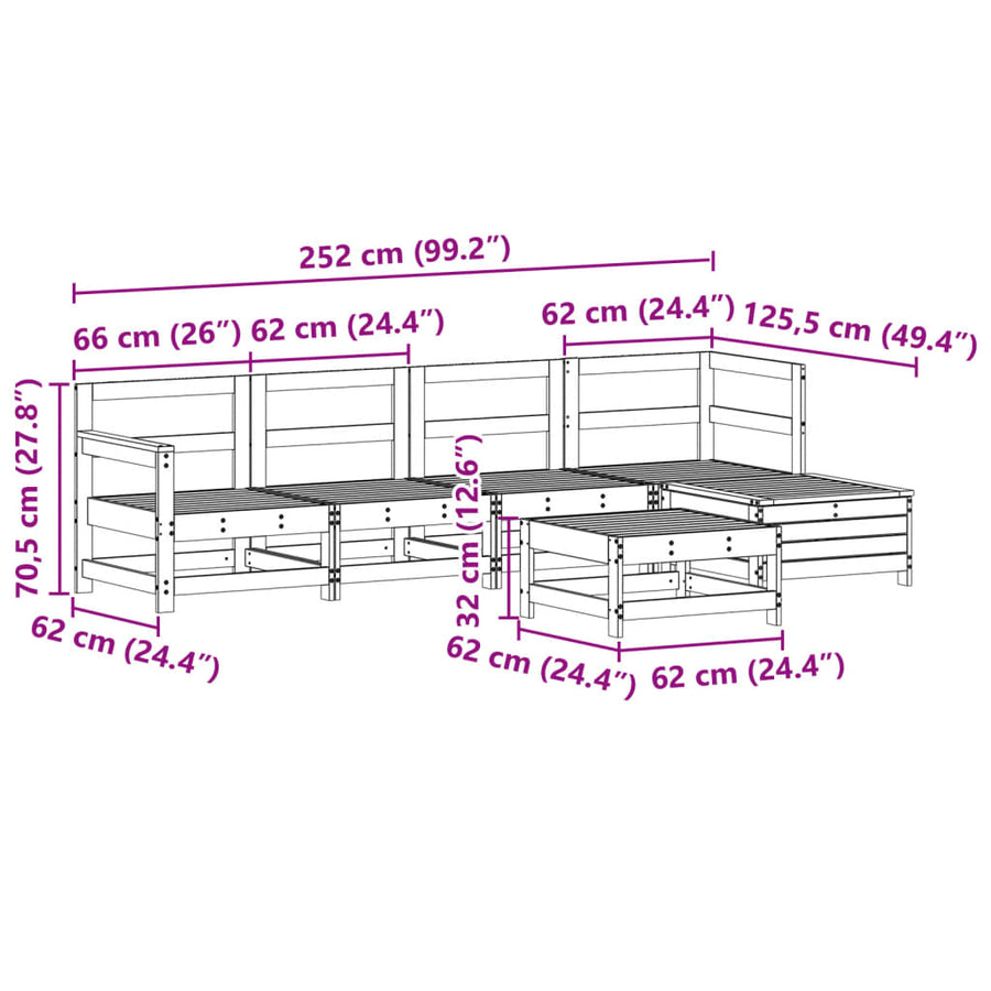 6-delige Loungeset massief grenenhout wit