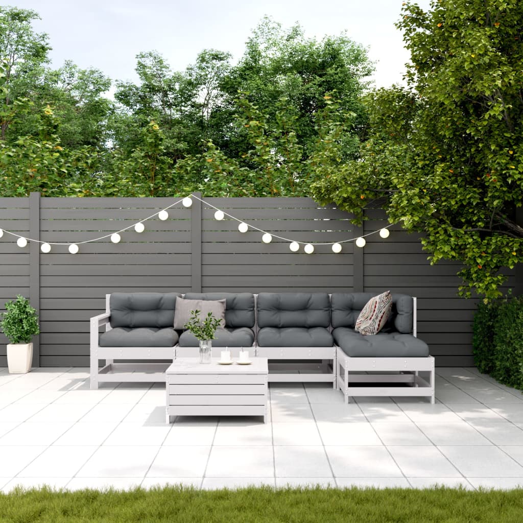 6-delige Loungeset met kussens massief grenenhout wit