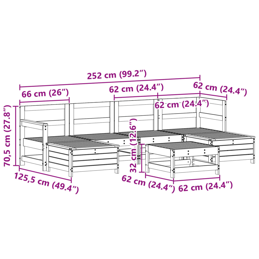 7-delige Loungeset massief grenenhout wit