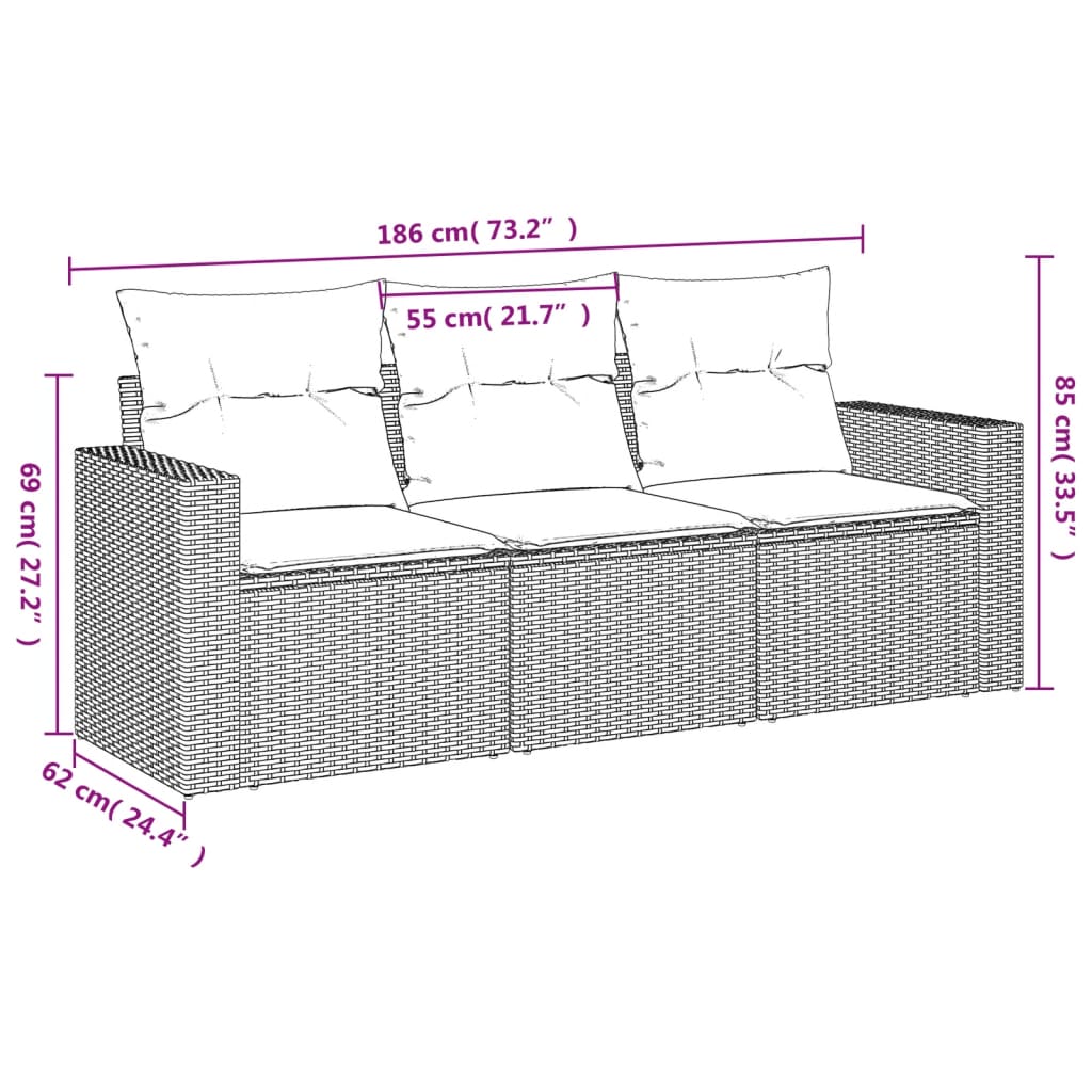 3-delige Loungeset met kussens poly rattan grijs Grijs Zonder tafel