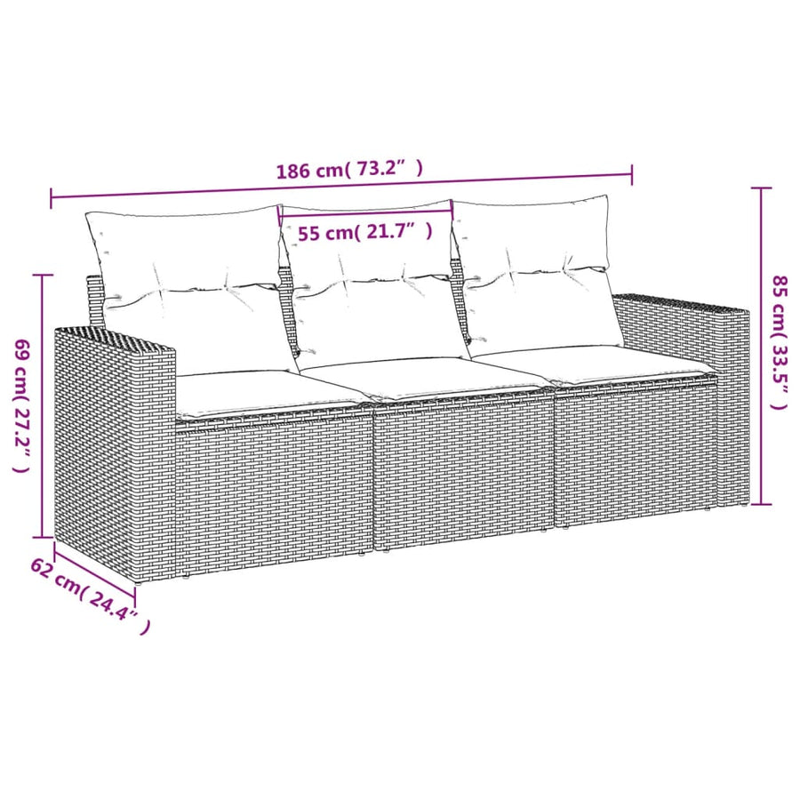 3-delige Loungeset met kussens poly rattan lichtgrijs