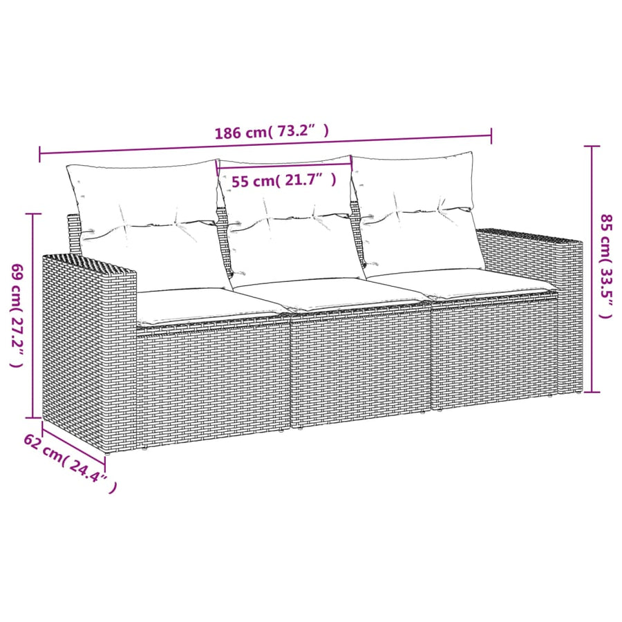 3-delige Loungeset met kussens poly rattan bruin Bruin en crème Zonder tafel