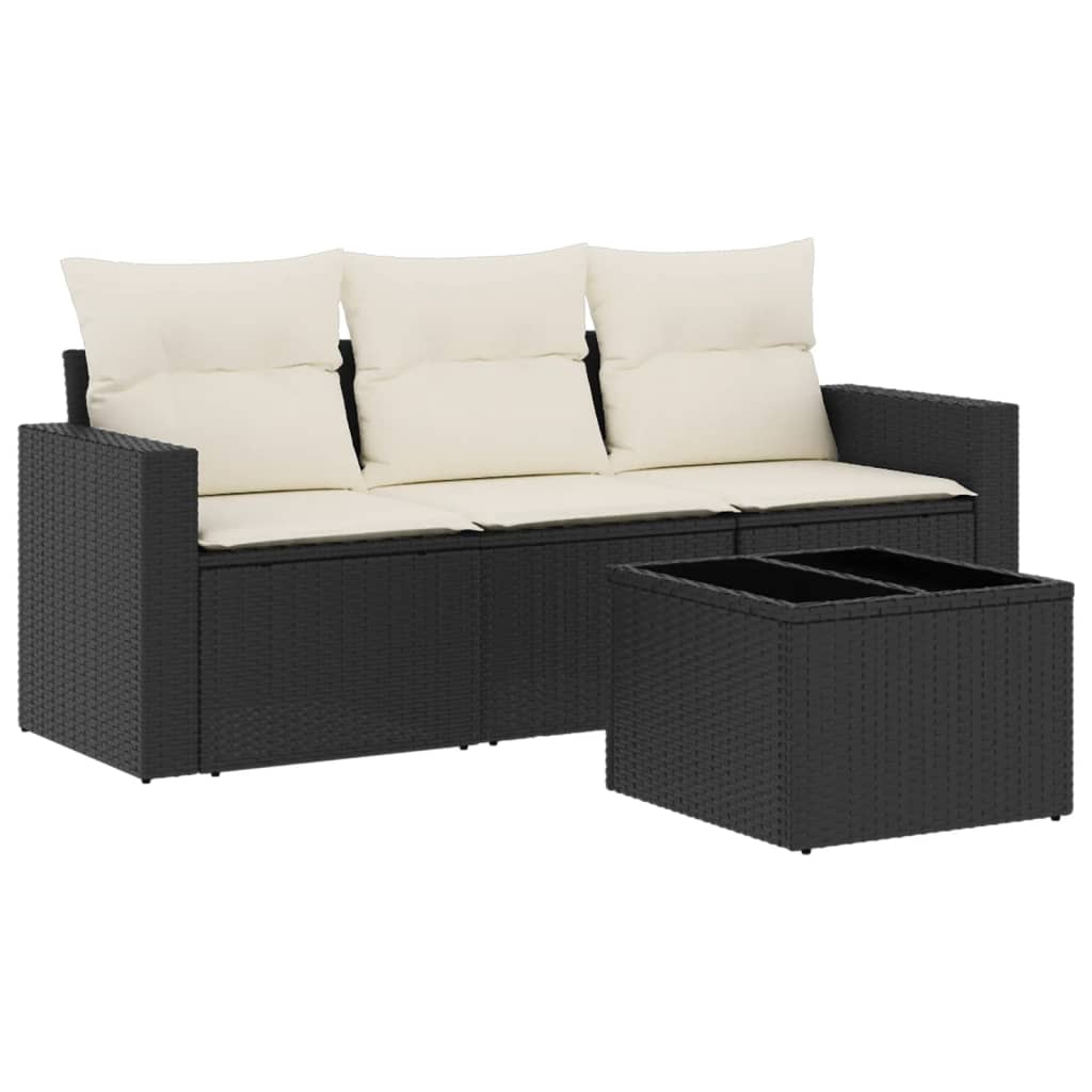 4-delige Loungeset met kussens poly rattan zwart Zwart en crème Met tafel
