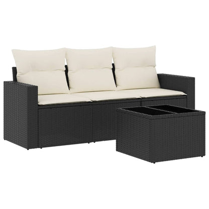 4-delige Loungeset met kussens poly rattan zwart Zwart en crème Met tafel