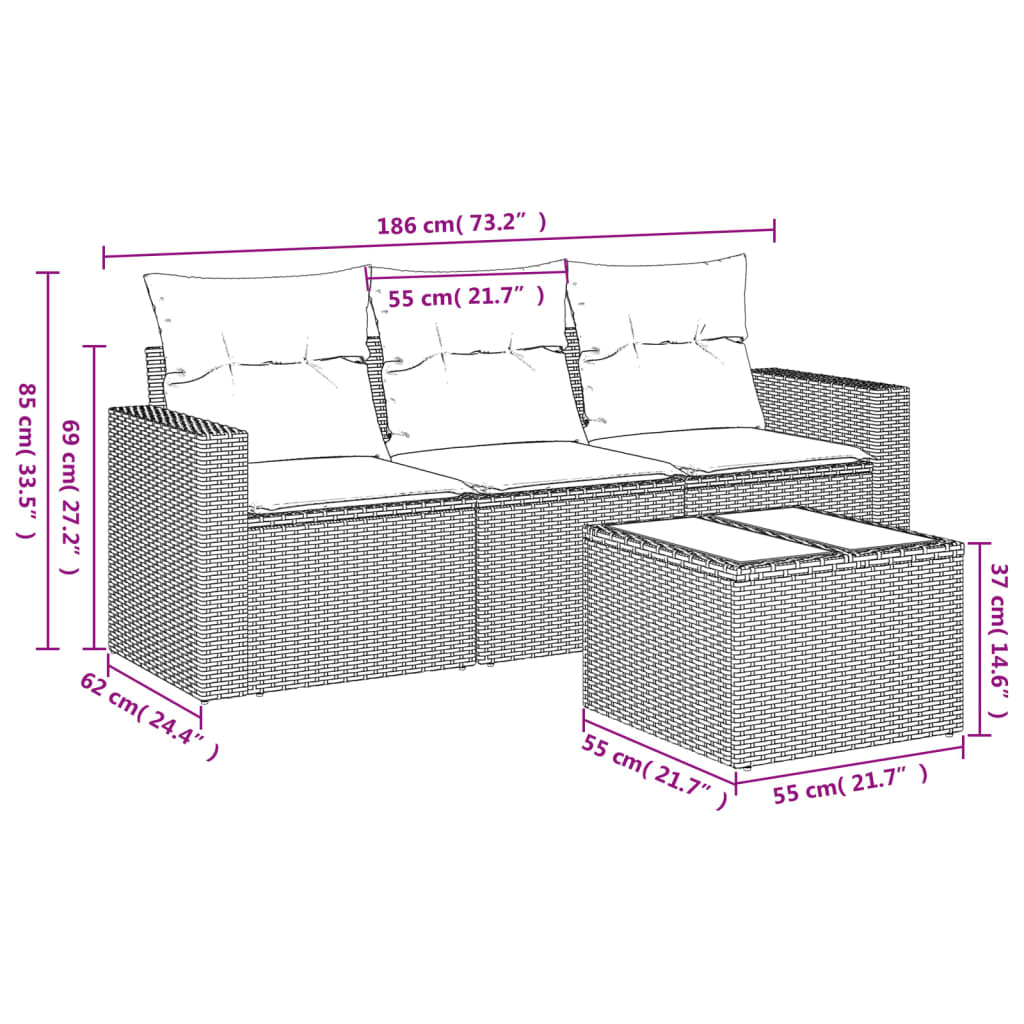 4-delige Loungeset met kussens poly rattan zwart Zwart en crème Met tafel
