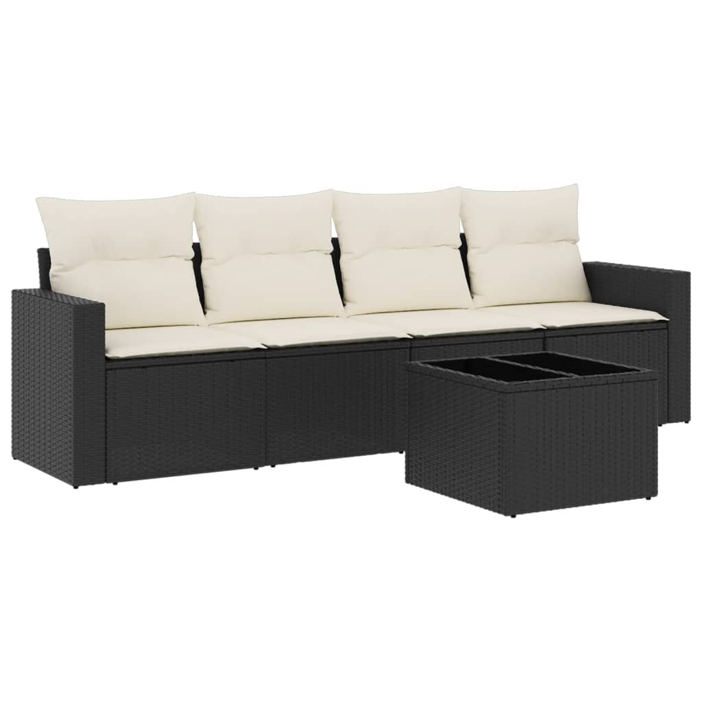 5-delige Loungeset met kussens poly rattan zwart Zwart en crème Met tafel