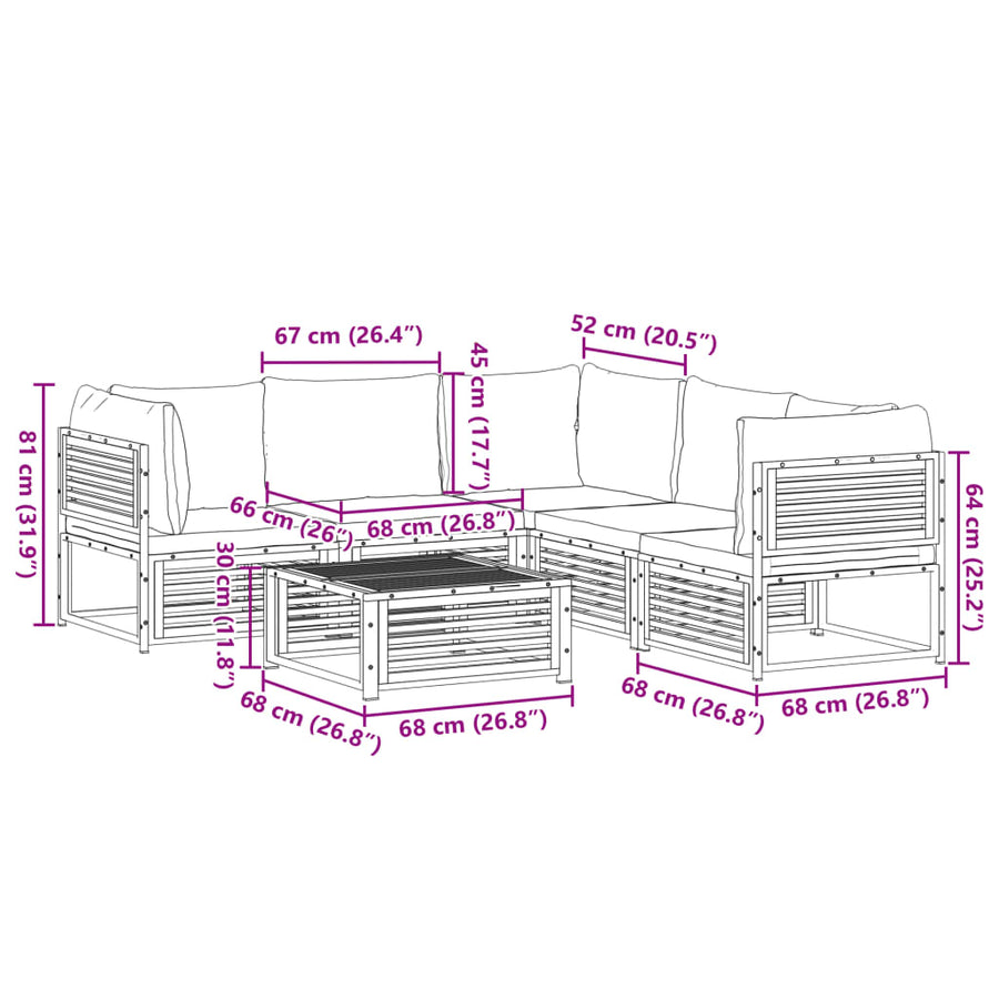 6-delige Loungeset met kussens massief acaciahout