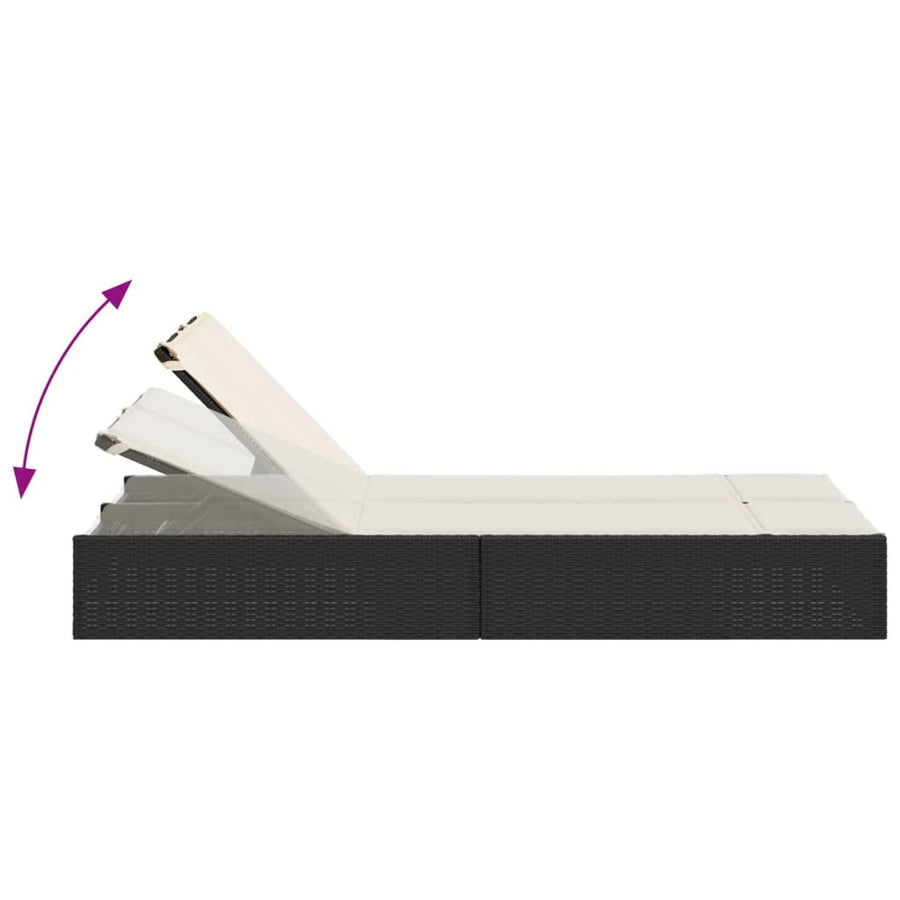 Ligbed 2-persoons met kussens poly rattan zwart