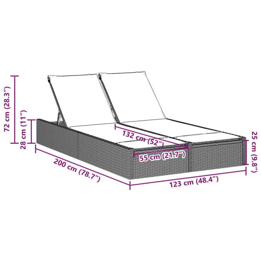 Ligbed 2-persoons met kussens poly rattan bruin