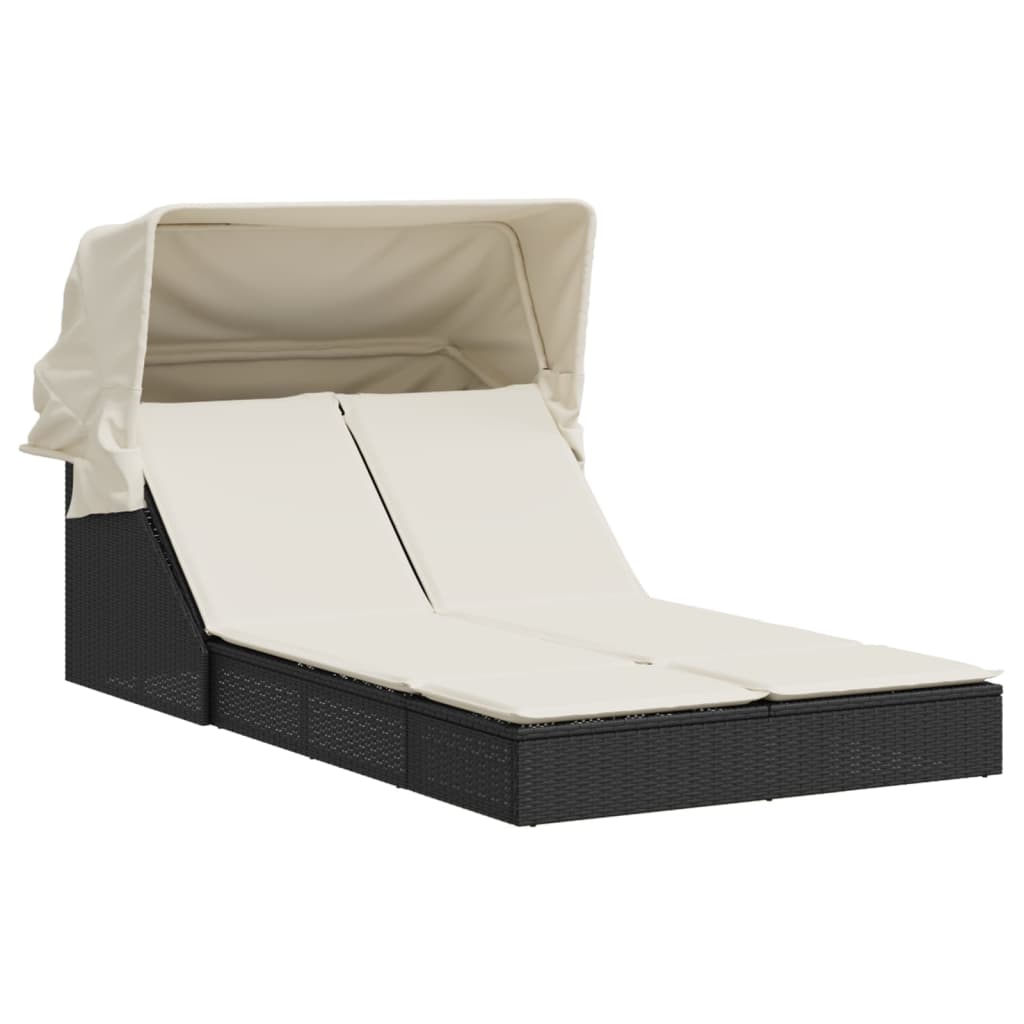 Ligbed 2-persoons met luifel en kussens poly rattan zwart
