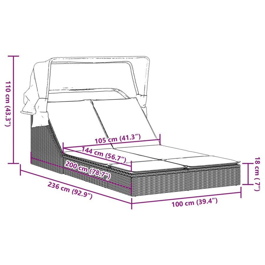 Ligbed 2-Persoons Met Luifel En Kussens Poly Rattan Beige