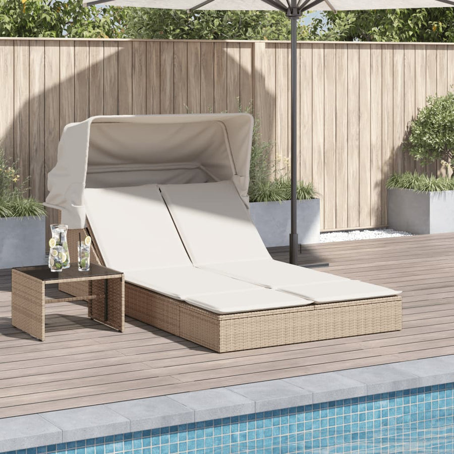 Ligbed 2-Persoons Met Luifel En Kussens Poly Rattan Beige