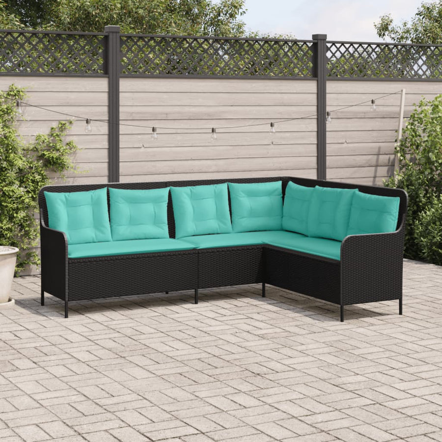 Tuinbank met kussens L-vormig zwart poly rattan
