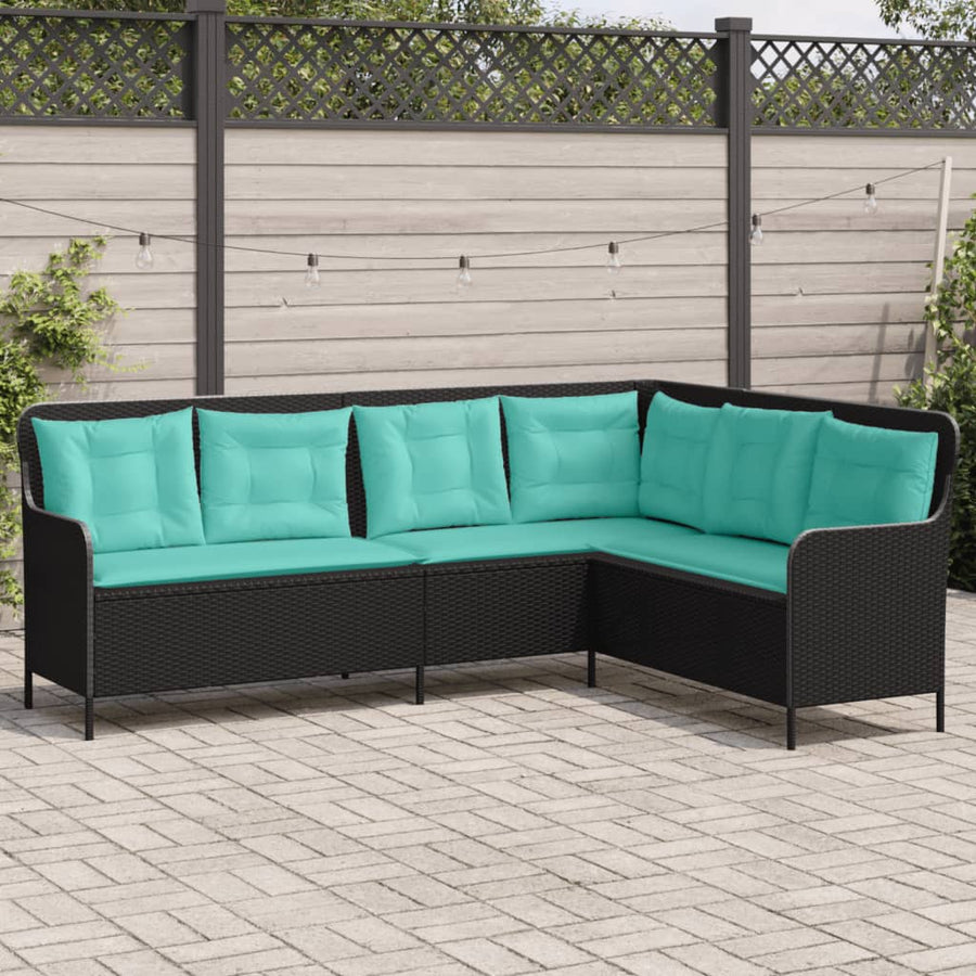 Tuinbank met kussens L-vormig zwart poly rattan