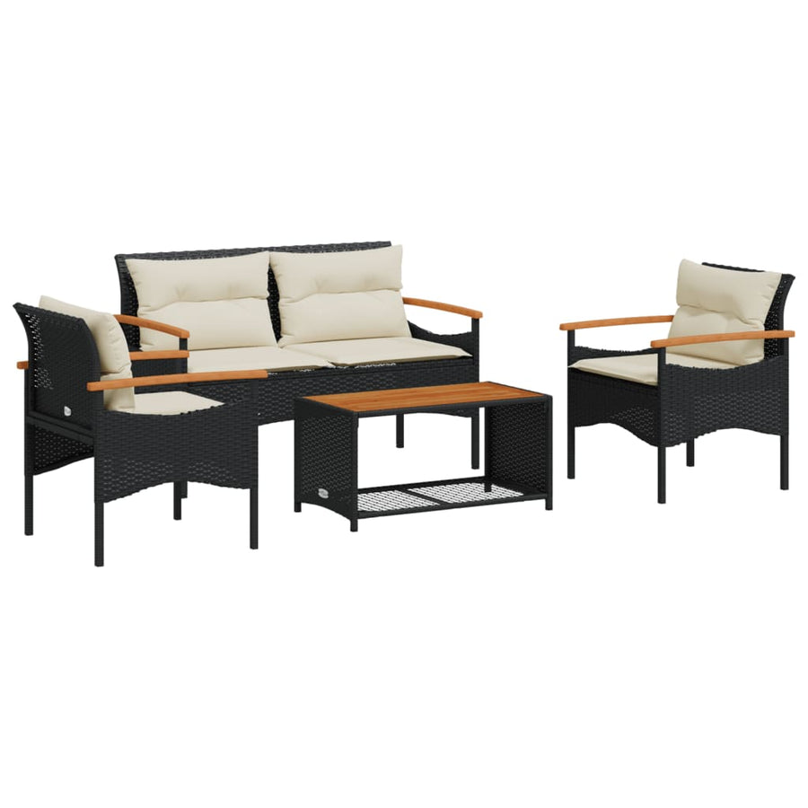 4-delige Loungeset met kussens poly rattan zwart