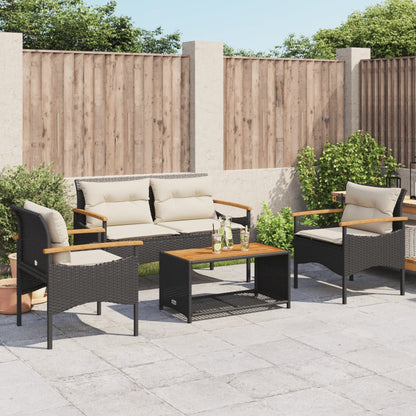 4-delige Loungeset met kussens poly rattan zwart