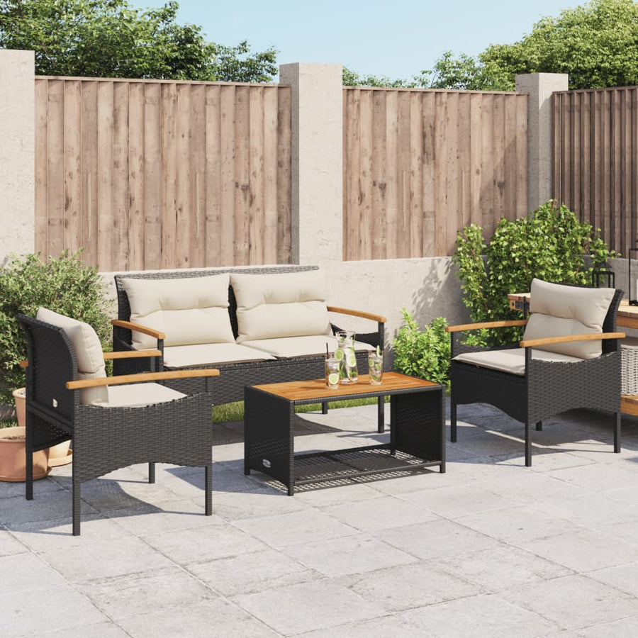 4-delige Loungeset met kussens poly rattan zwart