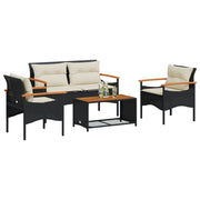 Loungeset 4-delig poly rattan zwart acaciahout