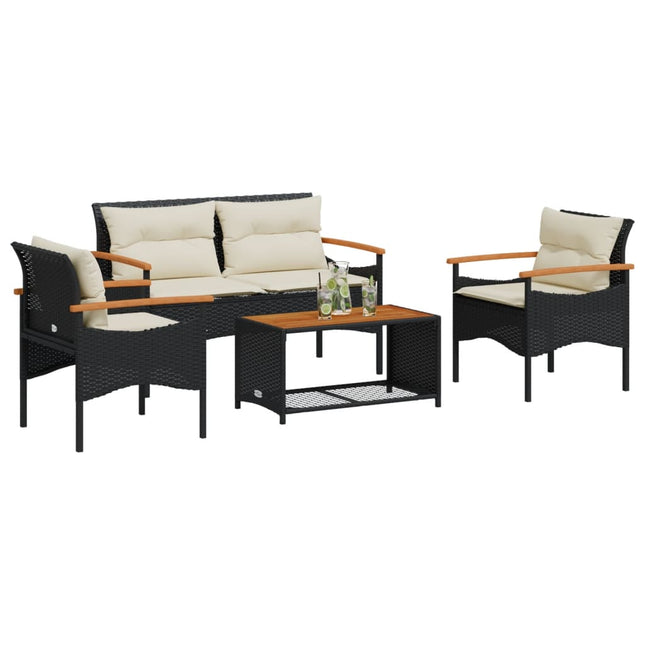 4-delige Loungeset met kussens poly rattan zwart