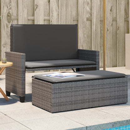 Tuinbank met kussens en voetenbank poly rattan grijs