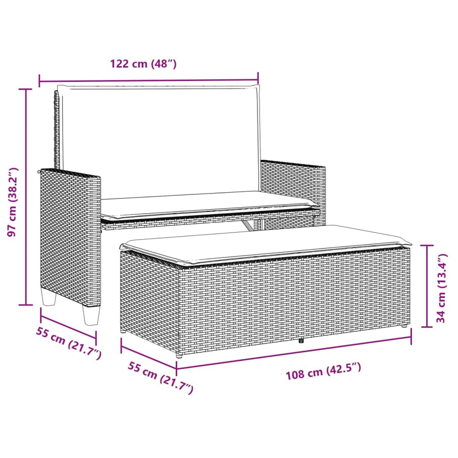 Tuinbank met kussens en voetenbank poly rattan beige