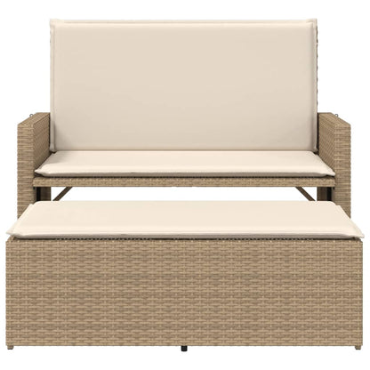 Tuinbank met kussens en voetenbank poly rattan beige