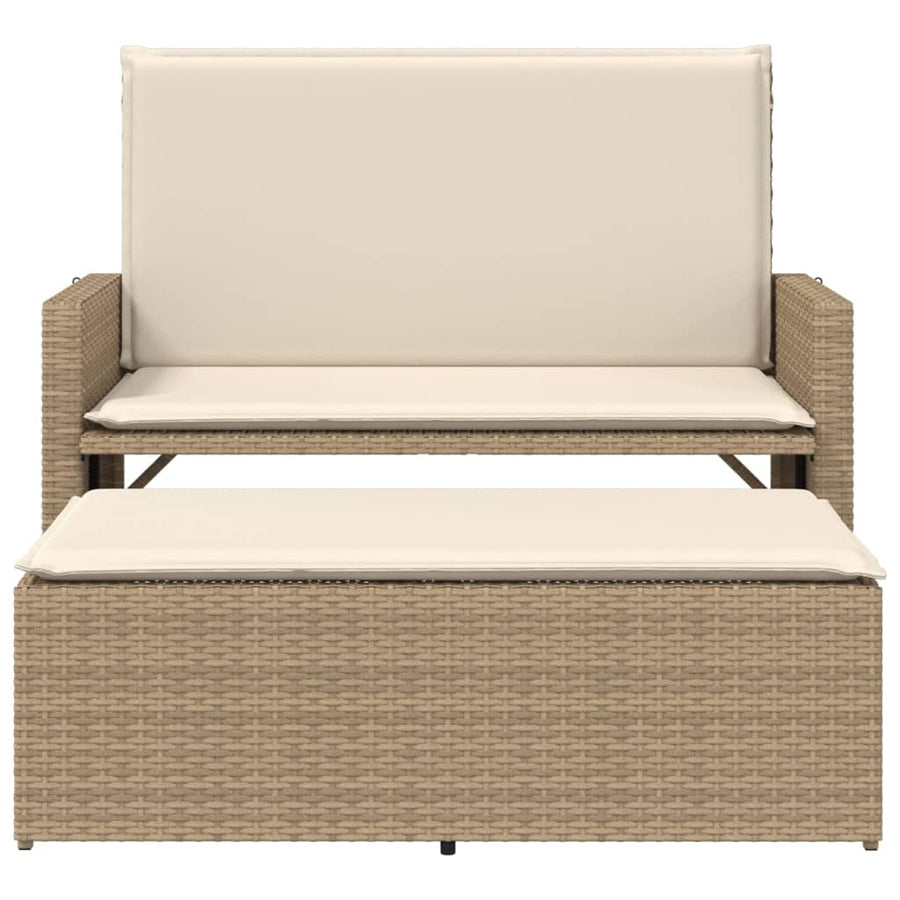 Tuinbank met kussens en voetenbank poly rattan beige