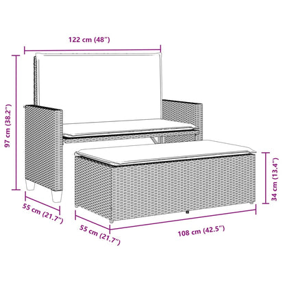 Tuinbank met kussens en voetenbank poly rattan beige