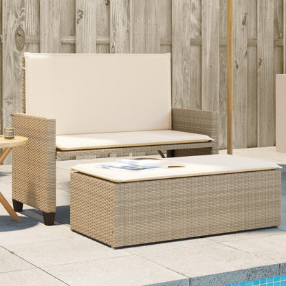 Tuinbank met kussens en voetenbank poly rattan beige
