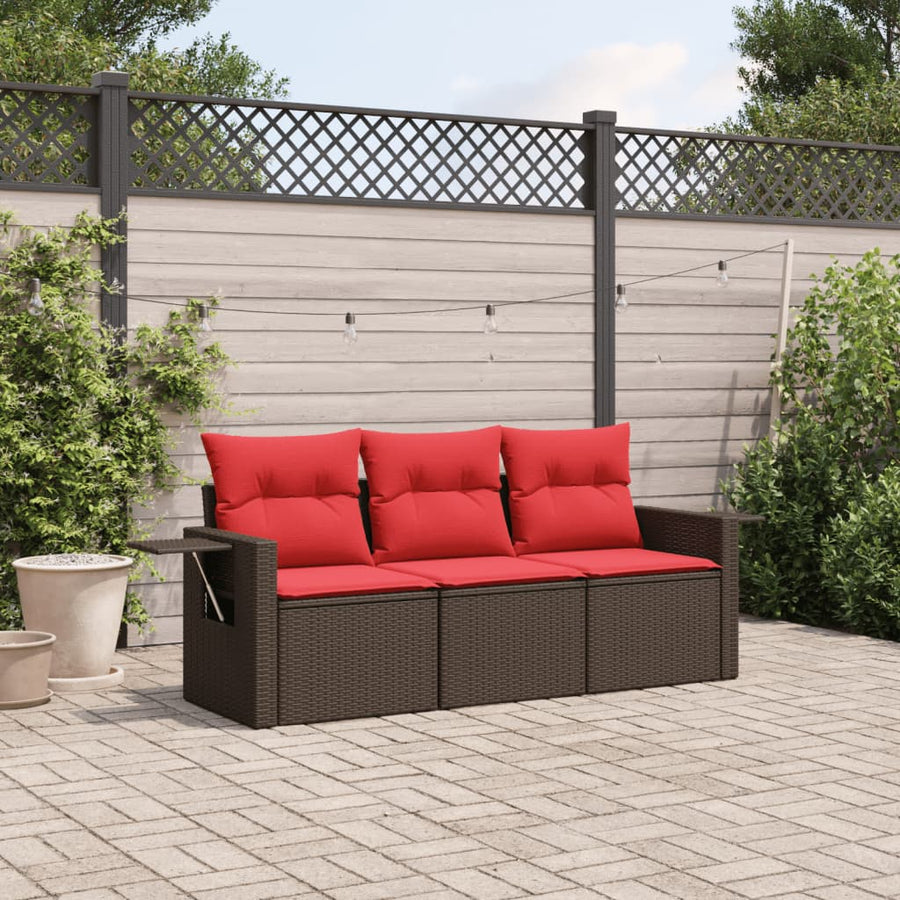 3-delige tuinbankset met kussens, bruin polyrotan