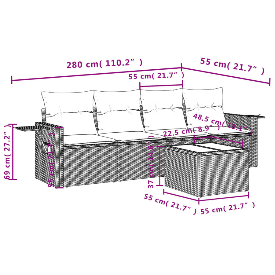 5-Delige Loungeset Met Kussens Poly Rattan Zwart