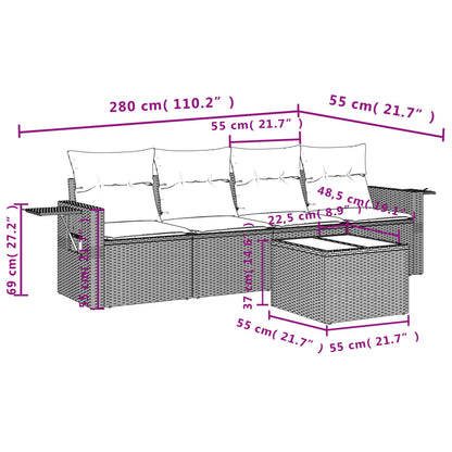 5-Delige Loungeset Met Kussens Poly Rattan Grijs