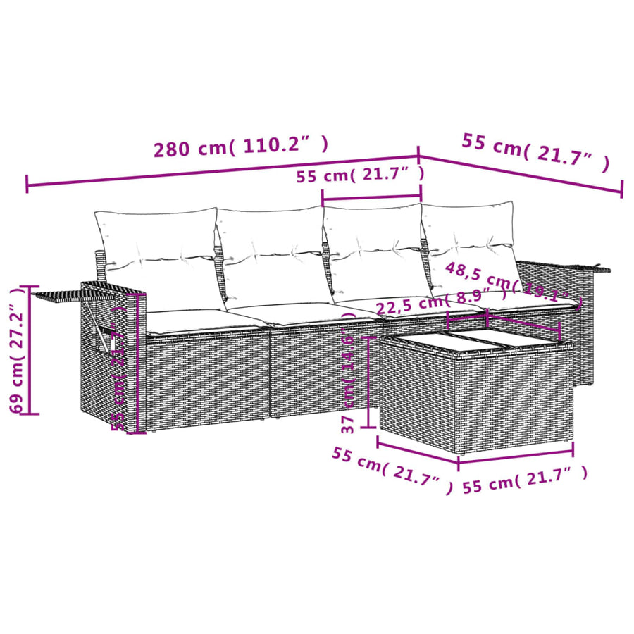 5-Delige Loungeset Met Kussens Poly Rattan Grijs