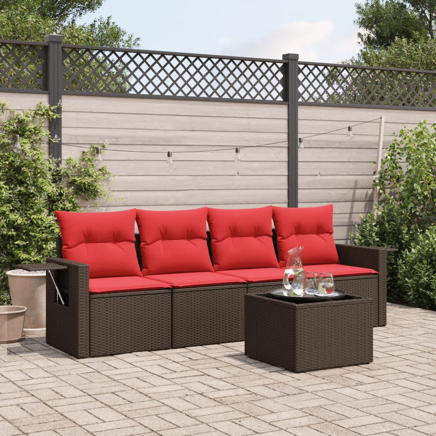 5-delige tuinbankset met kussens, bruin polyrotan